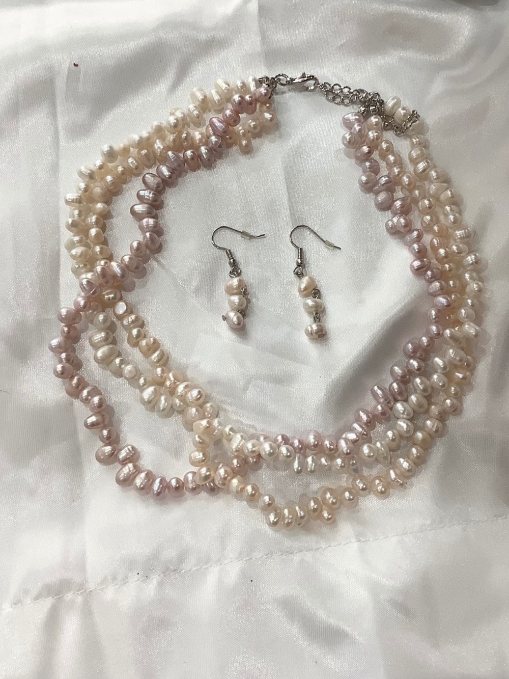 Elegant Triple Strand Pearl Necklace & Earrings- cream, white, mauve